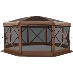 VEVOR Pop up Gazebo Screen Tent, 15 x 15 ft Large 8-Sided Camping Canopy Tent with Removable Top & Carry Bag, Quick-Set & Bite-Proof, Screen House Sun Shelter for 12-15 Persons Backyard Patio, Brown