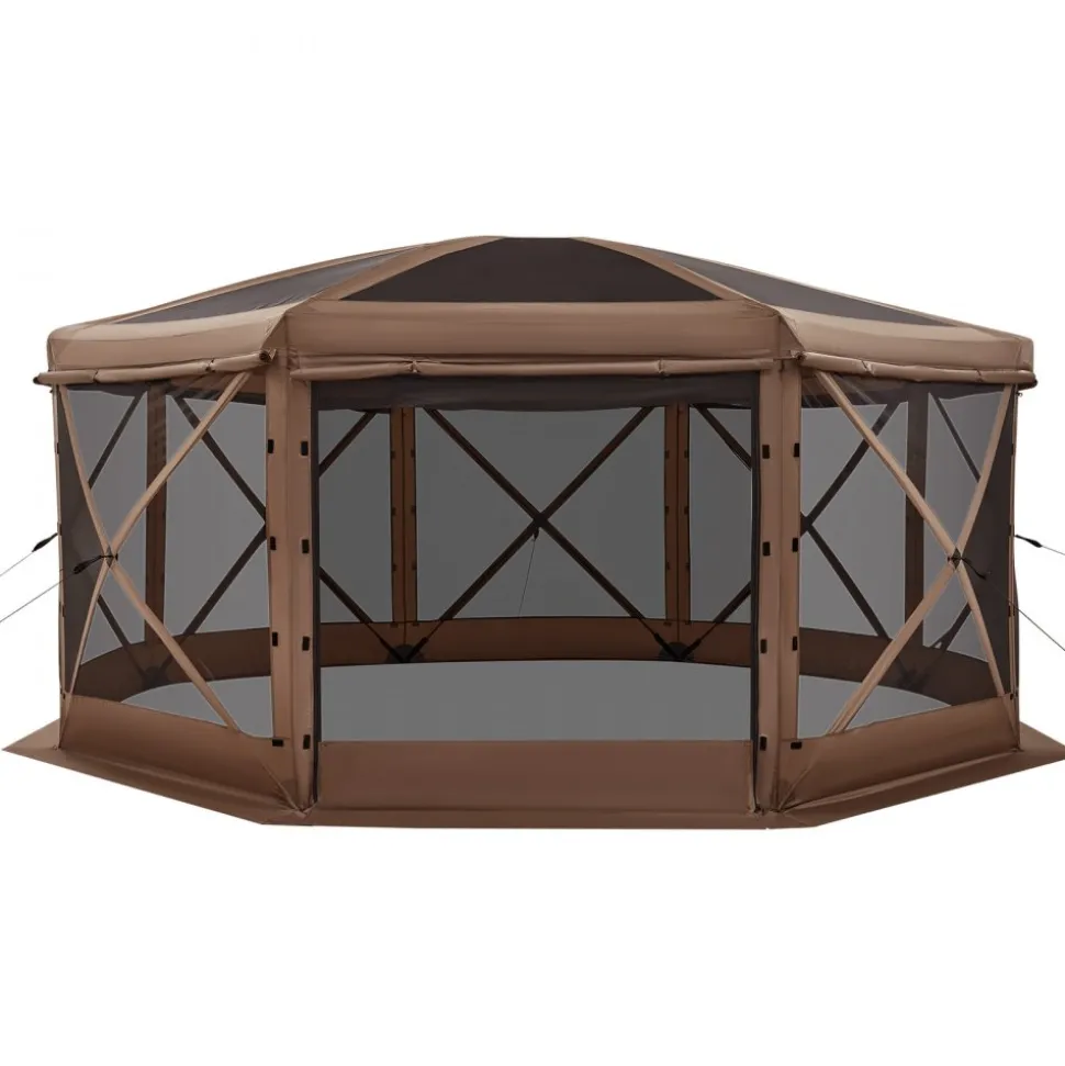 VEVOR Pop up Gazebo Screen Tent, 15 x 15 ft Large 8-Sided Camping Canopy Tent with Removable Top & Carry Bag, Quick-Set & Bite-Proof, Screen House Sun Shelter for 12-15 Persons Backyard Patio, Brown