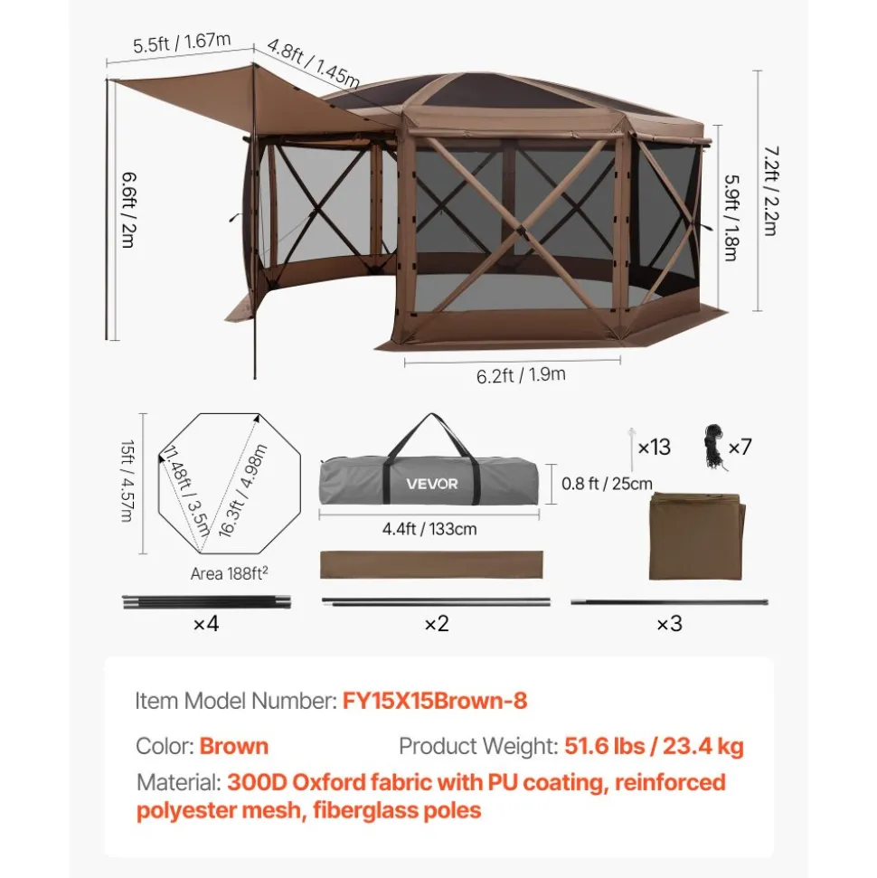 VEVOR Pop up Gazebo Screen Tent, 15 x 15 ft Large 8-Sided Camping Canopy Tent with Removable Top & Carry Bag, Quick-Set & Bite-Proof, Screen House Sun Shelter for 12-15 Persons Backyard Patio, Brown