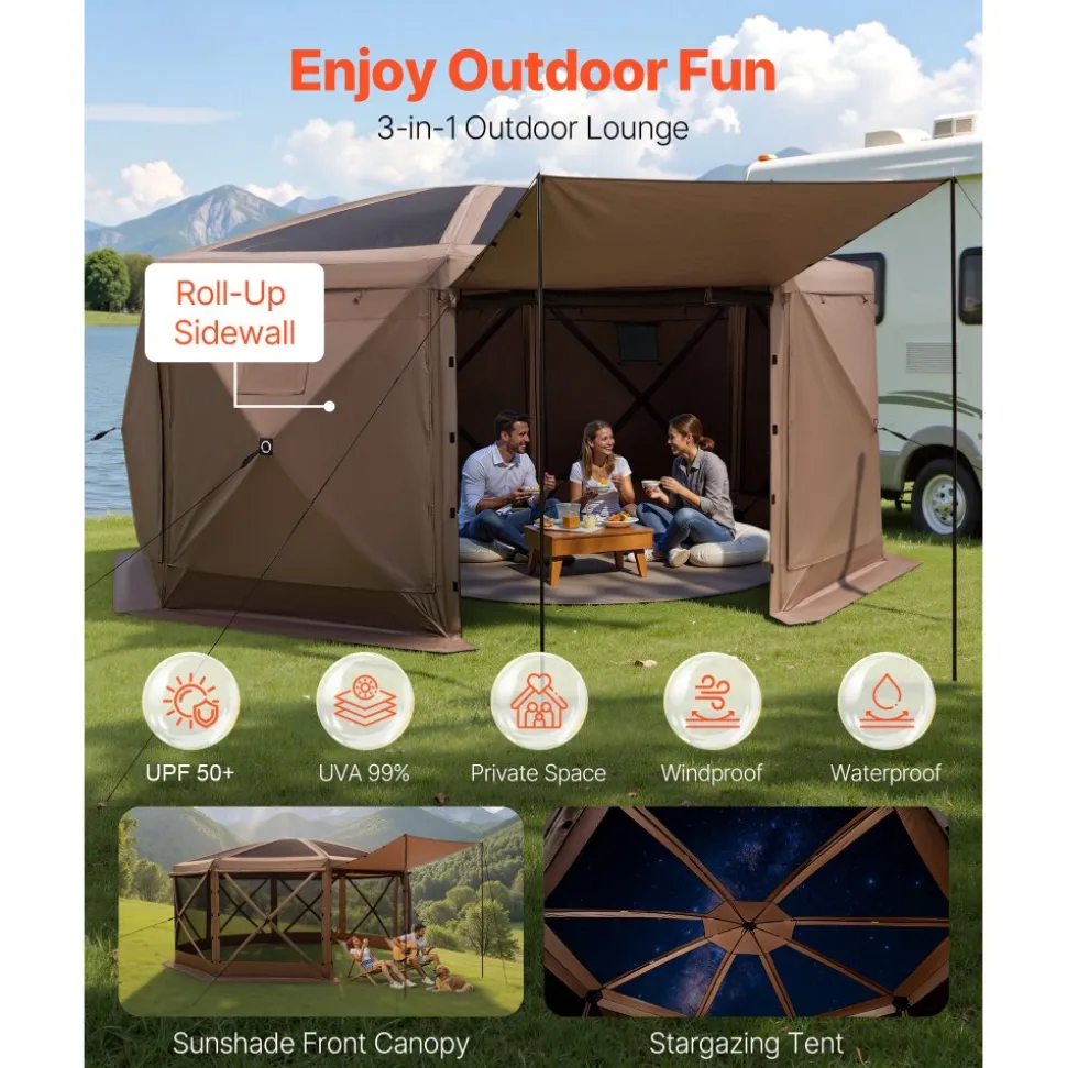 VEVOR Pop up Gazebo Screen Tent, 15 x 15 ft Large 8-Sided Camping Canopy Tent with Removable Top & Carry Bag, Quick-Set & Bite-Proof, Screen House Sun Shelter for 12-15 Persons Backyard Patio, Brown