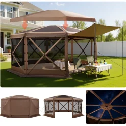 VEVOR Pop up Gazebo Screen Tent, 15 x 15 ft Large 8-Sided Camping Canopy Tent with Removable Top & Carry Bag, Quick-Set & Bite-Proof, Screen House Sun Shelter for 12-15 Persons Backyard Patio, Brown