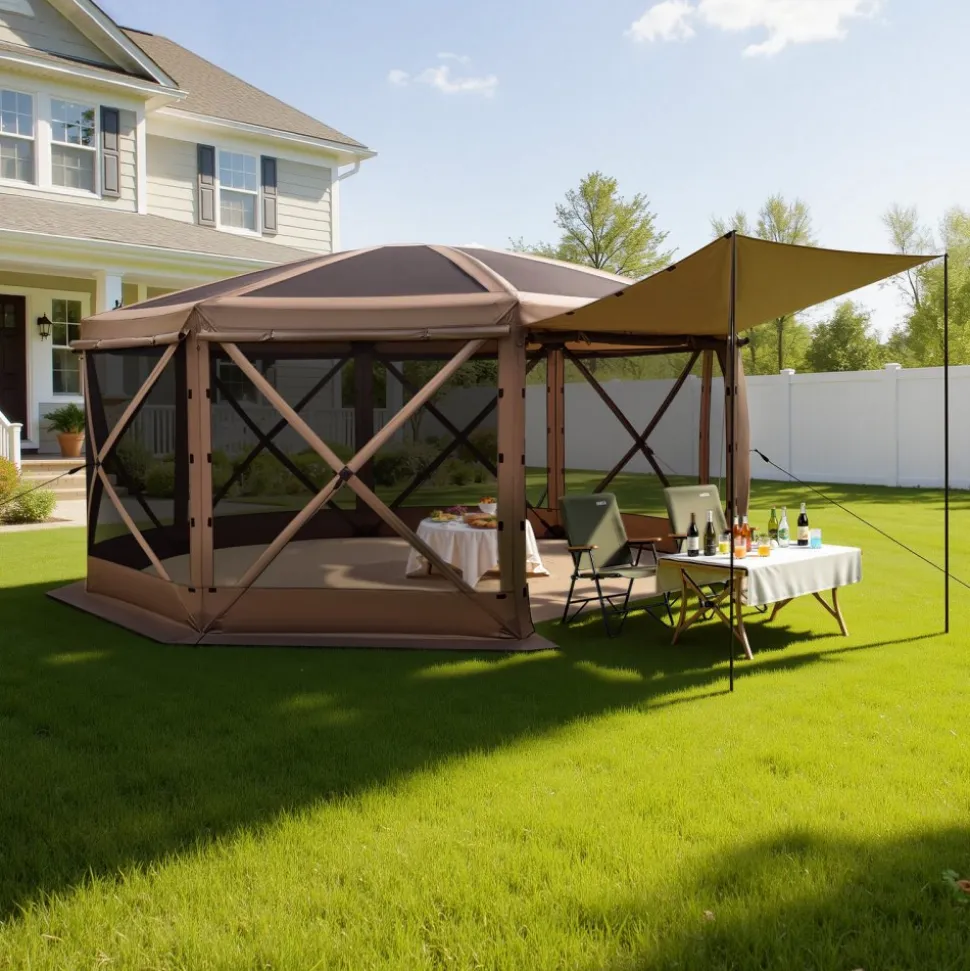 VEVOR Pop up Gazebo Screen Tent, 15 x 15 ft Large 8-Sided Camping Canopy Tent with Removable Top & Carry Bag, Quick-Set & Bite-Proof, Screen House Sun Shelter for 12-15 Persons Backyard Patio, Brown