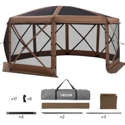 VEVOR Pop up Gazebo Screen Tent, 15 x 15 ft Large 8-Sided Camping Canopy Tent with Removable Top & Carry Bag, Quick-Set & Bite-Proof, Screen House Sun Shelter for 12-15 Persons Backyard Patio, Brown