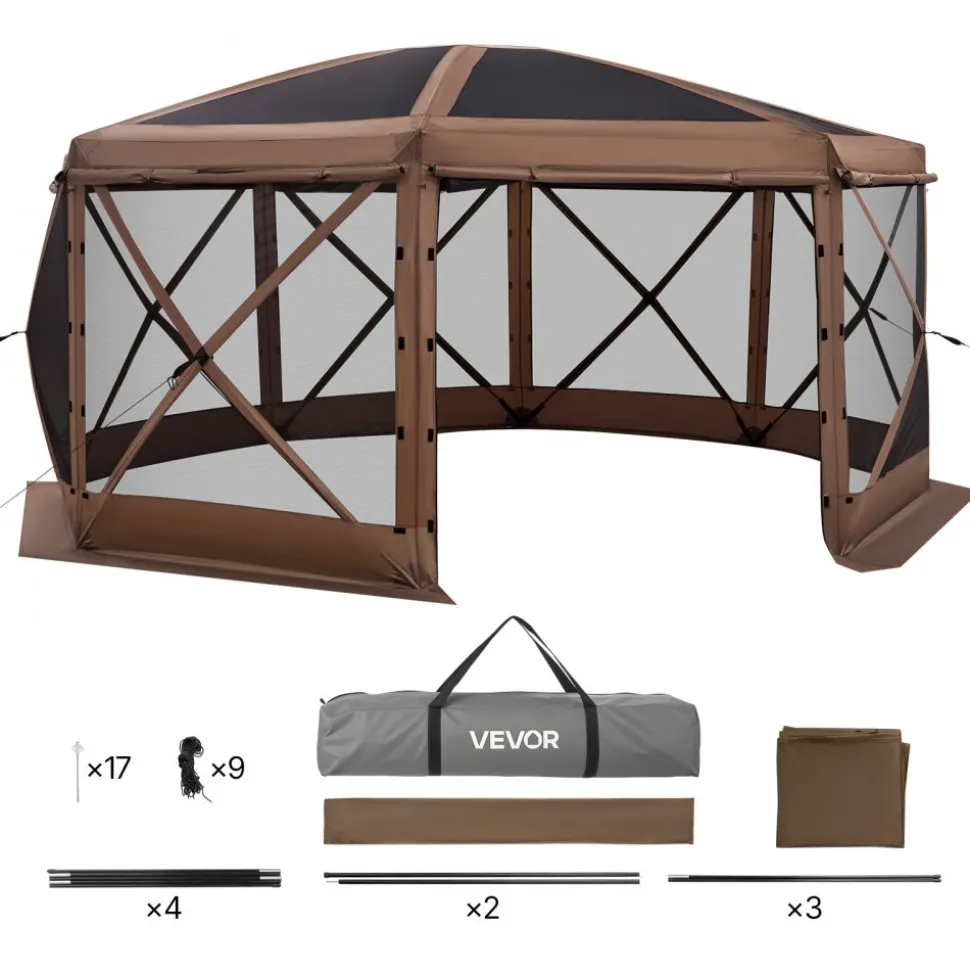 VEVOR Pop up Gazebo Screen Tent, 15 x 15 ft Large 8-Sided Camping Canopy Tent with Removable Top & Carry Bag, Quick-Set & Bite-Proof, Screen House Sun Shelter for 12-15 Persons Backyard Patio, Brown