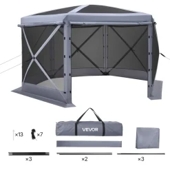 VEVOR Pop up Gazebo Screen Tent, 12 x 12 ft Large 6-Sided Camping Canopy Tent with Removable Top & Carry Bag, Quick-Set & Bite-Proof, Screen House Sun Shelter for 8-10 Persons Backyard Patio, Grey