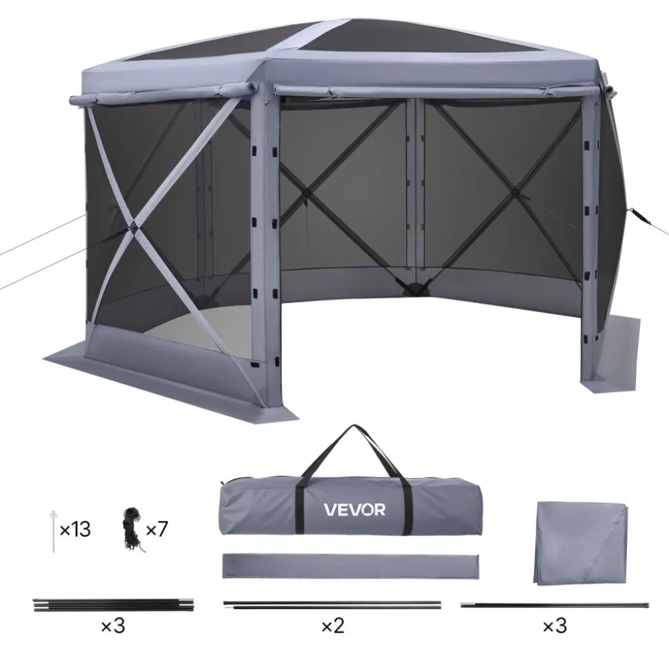 VEVOR Pop up Gazebo Screen Tent, 12 x 12 ft Large 6-Sided Camping Canopy Tent with Removable Top & Carry Bag, Quick-Set & Bite-Proof, Screen House Sun Shelter for 8-10 Persons Backyard Patio, Grey