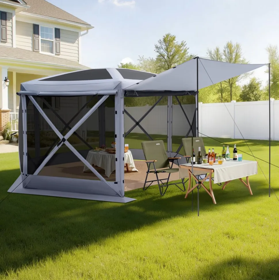 VEVOR Pop up Gazebo Screen Tent, 12 x 12 ft Large 6-Sided Camping Canopy Tent with Removable Top & Carry Bag, Quick-Set & Bite-Proof, Screen House Sun Shelter for 8-10 Persons Backyard Patio, Grey