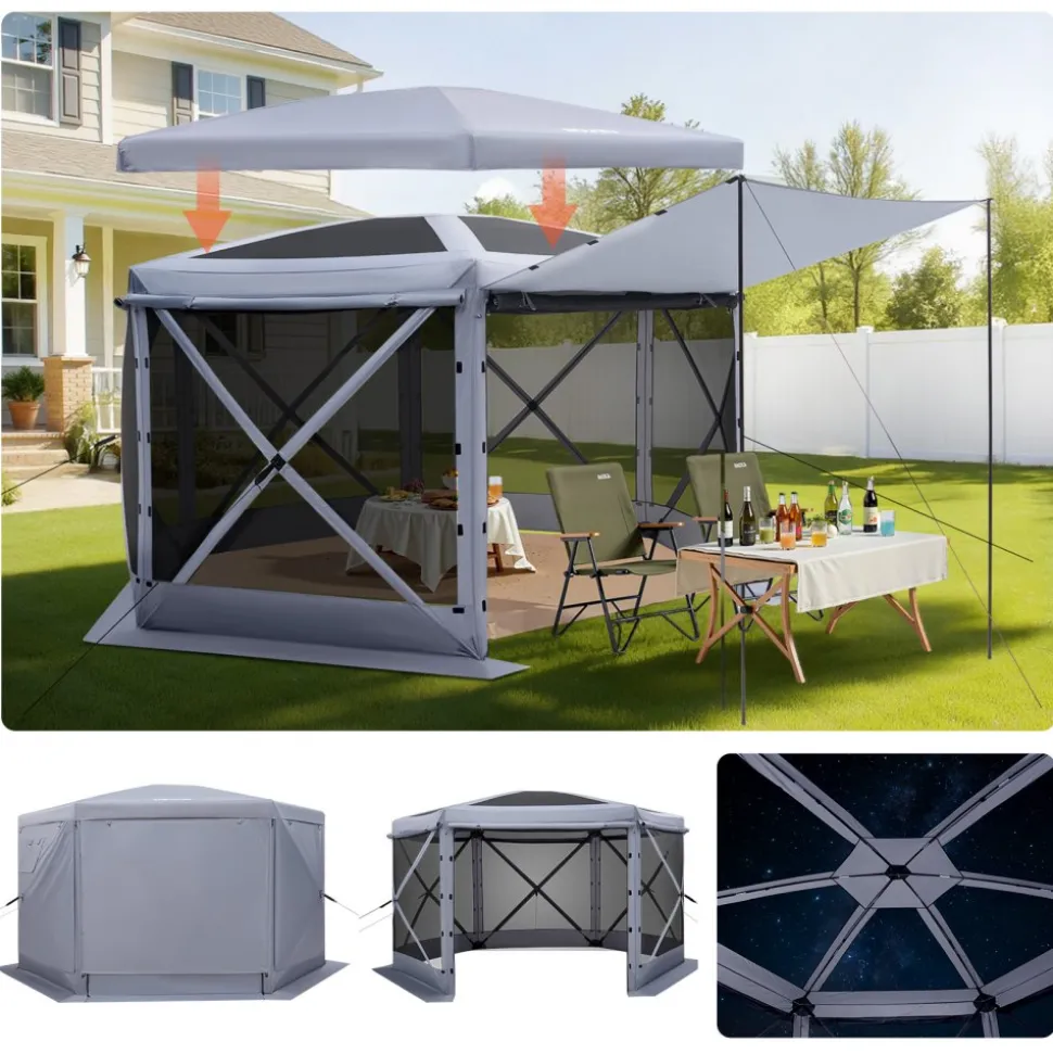 VEVOR Pop up Gazebo Screen Tent, 12 x 12 ft Large 6-Sided Camping Canopy Tent with Removable Top & Carry Bag, Quick-Set & Bite-Proof, Screen House Sun Shelter for 8-10 Persons Backyard Patio, Grey