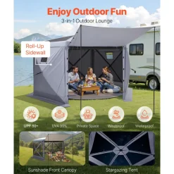 VEVOR Pop up Gazebo Screen Tent, 12 x 12 ft Large 6-Sided Camping Canopy Tent with Removable Top & Carry Bag, Quick-Set & Bite-Proof, Screen House Sun Shelter for 8-10 Persons Backyard Patio, Grey
