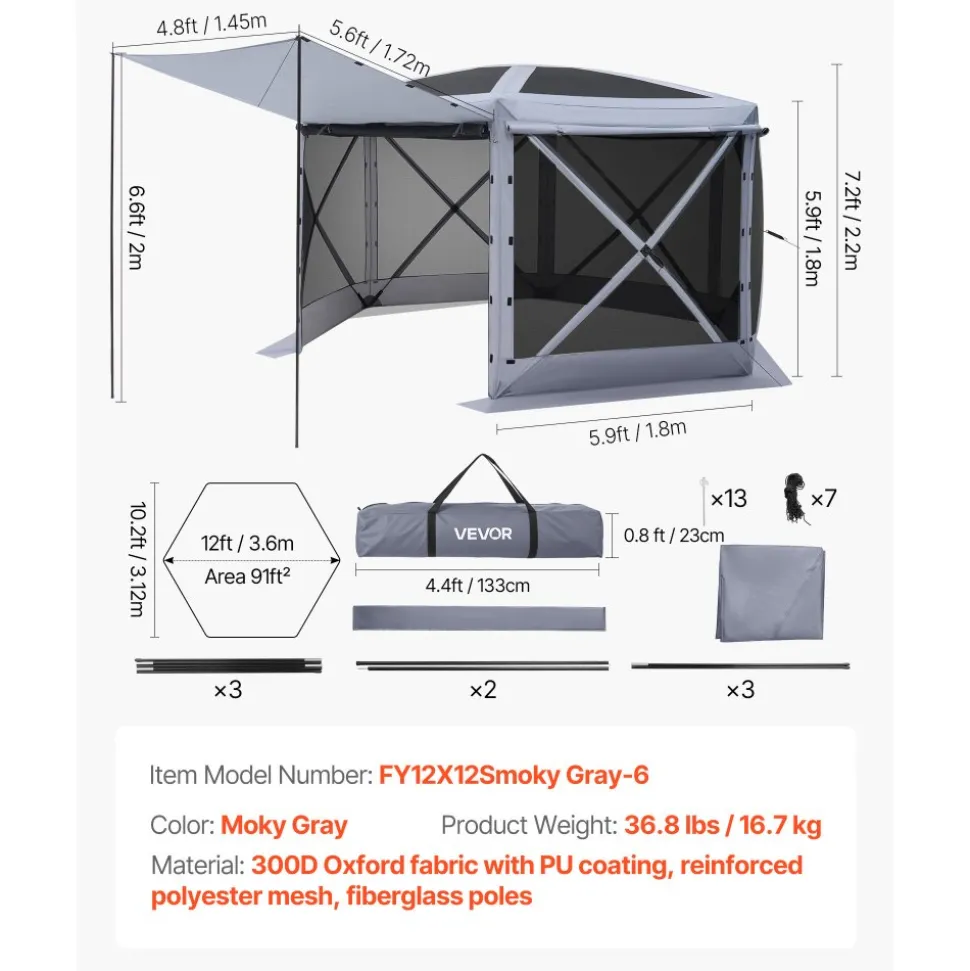 VEVOR Pop up Gazebo Screen Tent, 12 x 12 ft Large 6-Sided Camping Canopy Tent with Removable Top & Carry Bag, Quick-Set & Bite-Proof, Screen House Sun Shelter for 8-10 Persons Backyard Patio, Grey
