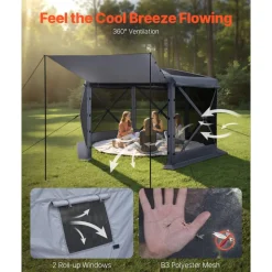 VEVOR Pop up Gazebo Screen Tent, 12 x 12 ft Large 6-Sided Camping Canopy Tent with Removable Top & Carry Bag, Quick-Set & Bite-Proof, Screen House Sun Shelter for 8-10 Persons Backyard Patio, Grey