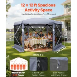 VEVOR Pop up Gazebo Screen Tent, 12 x 12 ft Large 6-Sided Camping Canopy Tent with Removable Top & Carry Bag, Quick-Set & Bite-Proof, Screen House Sun Shelter for 8-10 Persons Backyard Patio, Grey
