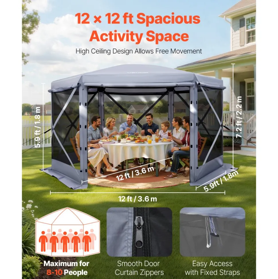 VEVOR Pop up Gazebo Screen Tent, 12 x 12 ft Large 6-Sided Camping Canopy Tent with Removable Top & Carry Bag, Quick-Set & Bite-Proof, Screen House Sun Shelter for 8-10 Persons Backyard Patio, Grey