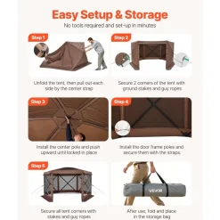 VEVOR Pop up Gazebo Screen Tent, 12 x 12 ft Large 6-Sided Camping Canopy Tent with Removable Top & Carry Bag, Quick-Set & Bite-Proof, Screen House Sun Shelter for 8-10 Persons Backyard Patio, Brown
