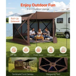 VEVOR Pop up Gazebo Screen Tent, 12 x 12 ft Large 6-Sided Camping Canopy Tent with Removable Top & Carry Bag, Quick-Set & Bite-Proof, Screen House Sun Shelter for 8-10 Persons Backyard Patio, Brown