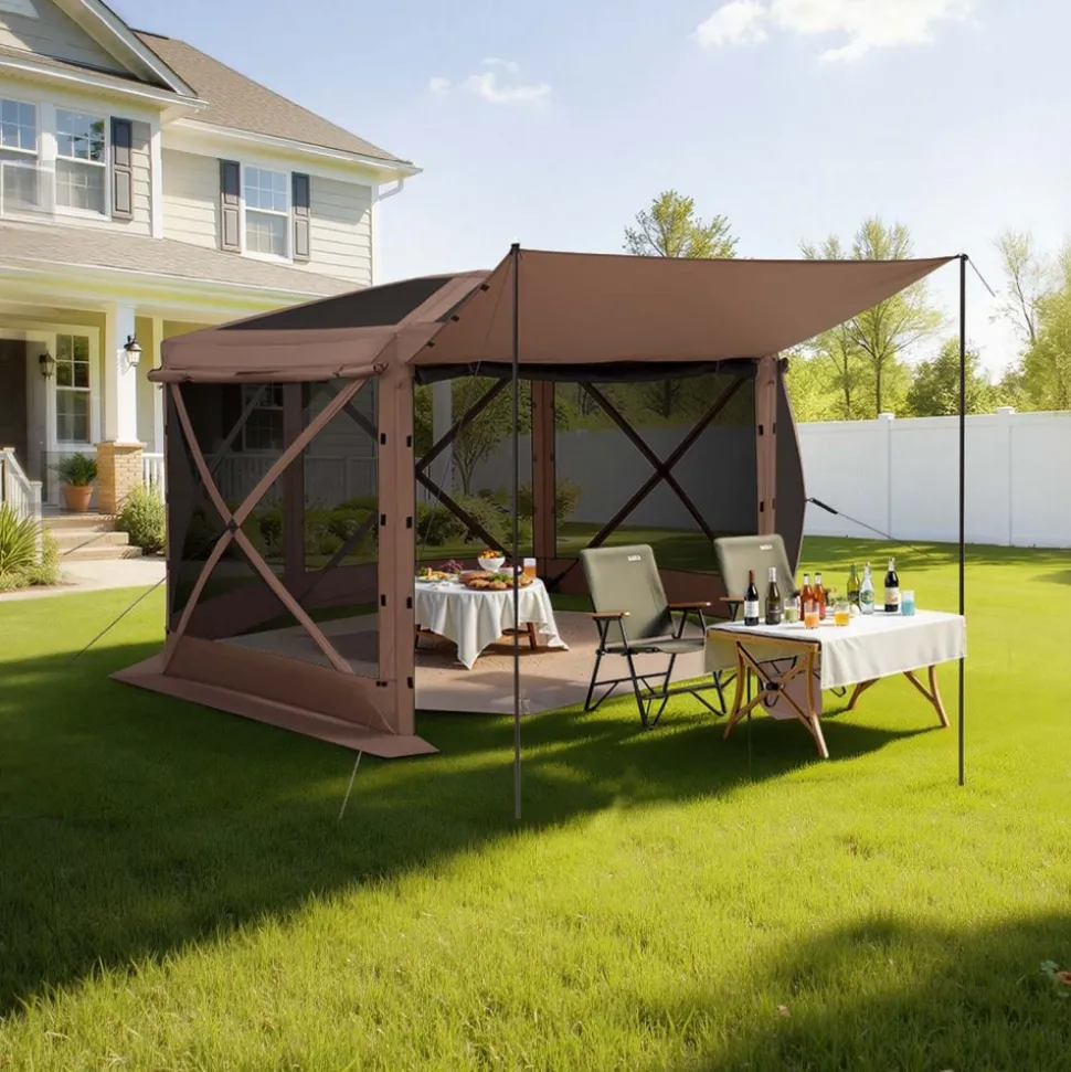 VEVOR Pop up Gazebo Screen Tent, 12 x 12 ft Large 6-Sided Camping Canopy Tent with Removable Top & Carry Bag, Quick-Set & Bite-Proof, Screen House Sun Shelter for 8-10 Persons Backyard Patio, Brown