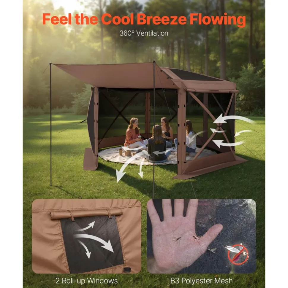 VEVOR Pop up Gazebo Screen Tent, 12 x 12 ft Large 6-Sided Camping Canopy Tent with Removable Top & Carry Bag, Quick-Set & Bite-Proof, Screen House Sun Shelter for 8-10 Persons Backyard Patio, Brown