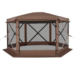 VEVOR Pop up Gazebo Screen Tent, 12 x 12 ft Large 6-Sided Camping Canopy Tent with Removable Top & Carry Bag, Quick-Set & Bite-Proof, Screen House Sun Shelter for 8-10 Persons Backyard Patio, Brown