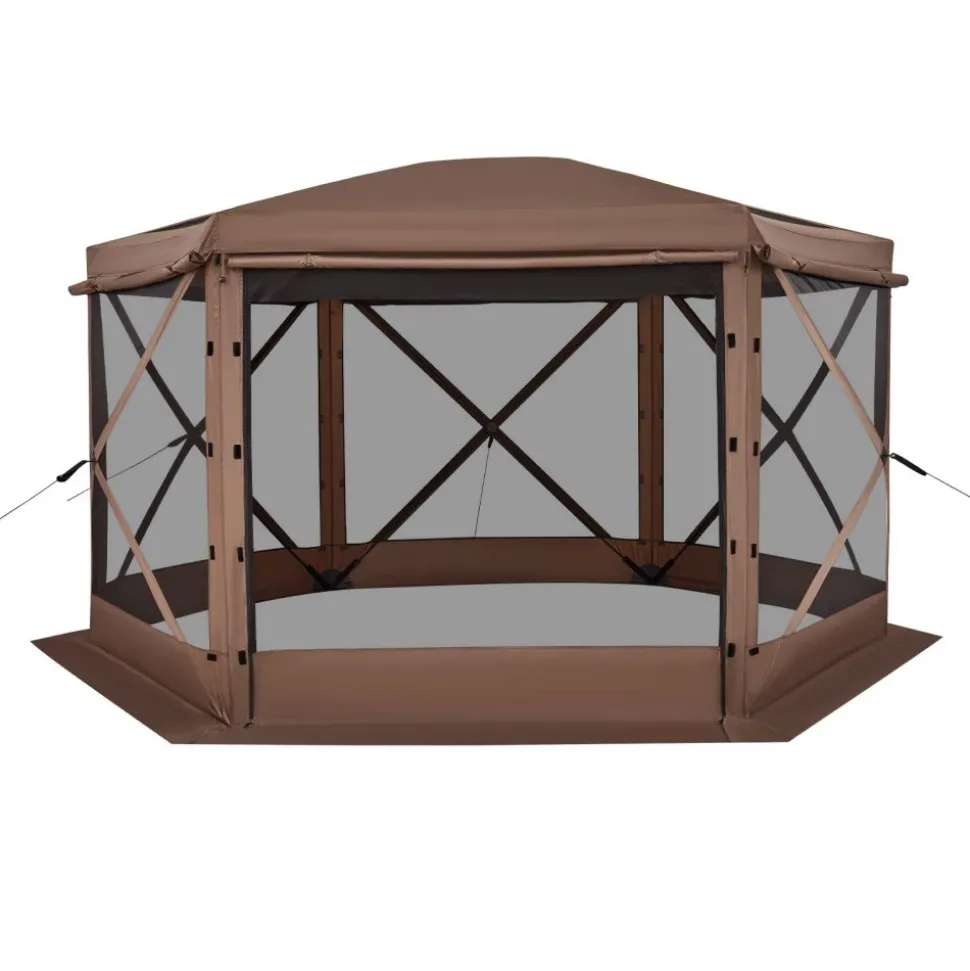VEVOR Pop up Gazebo Screen Tent, 12 x 12 ft Large 6-Sided Camping Canopy Tent with Removable Top & Carry Bag, Quick-Set & Bite-Proof, Screen House Sun Shelter for 8-10 Persons Backyard Patio, Brown
