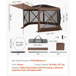 VEVOR Pop up Gazebo Screen Tent, 12 x 12 ft Large 6-Sided Camping Canopy Tent with Removable Top & Carry Bag, Quick-Set & Bite-Proof, Screen House Sun Shelter for 8-10 Persons Backyard Patio, Brown
