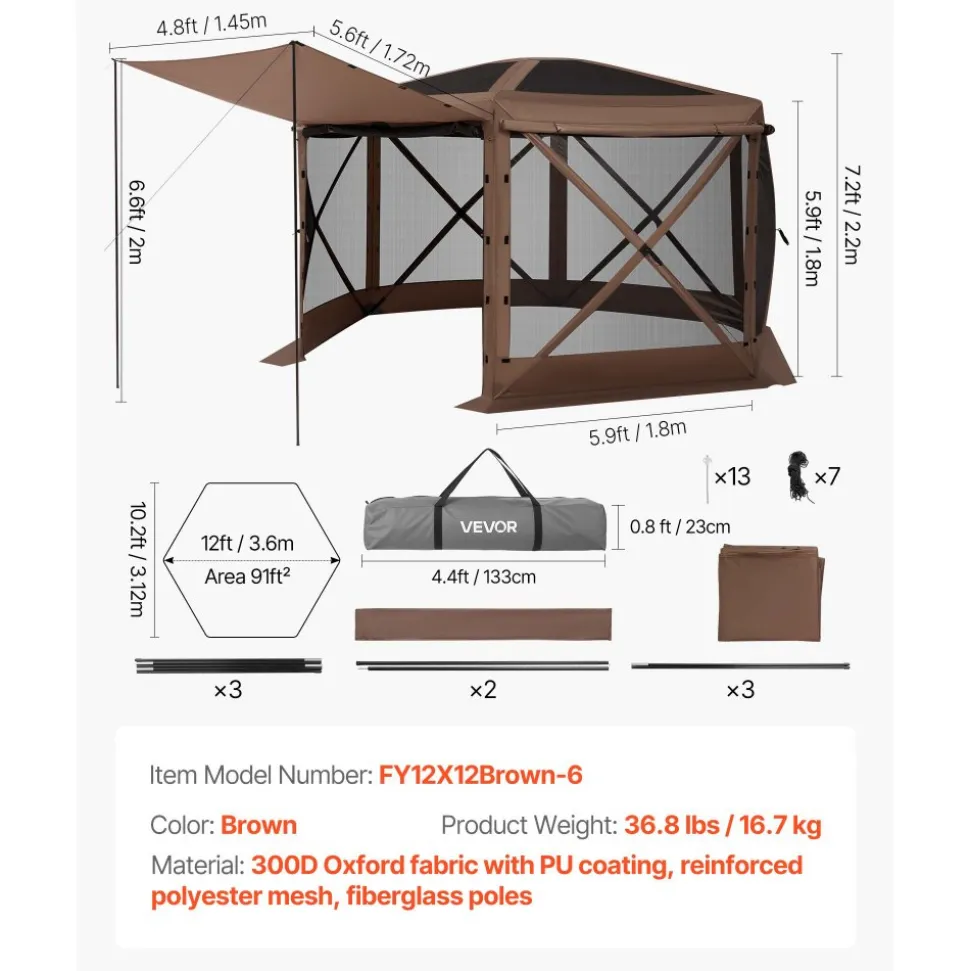 VEVOR Pop up Gazebo Screen Tent, 12 x 12 ft Large 6-Sided Camping Canopy Tent with Removable Top & Carry Bag, Quick-Set & Bite-Proof, Screen House Sun Shelter for 8-10 Persons Backyard Patio, Brown