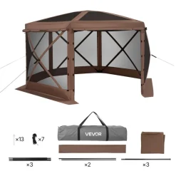 VEVOR Pop up Gazebo Screen Tent, 12 x 12 ft Large 6-Sided Camping Canopy Tent with Removable Top & Carry Bag, Quick-Set & Bite-Proof, Screen House Sun Shelter for 8-10 Persons Backyard Patio, Brown