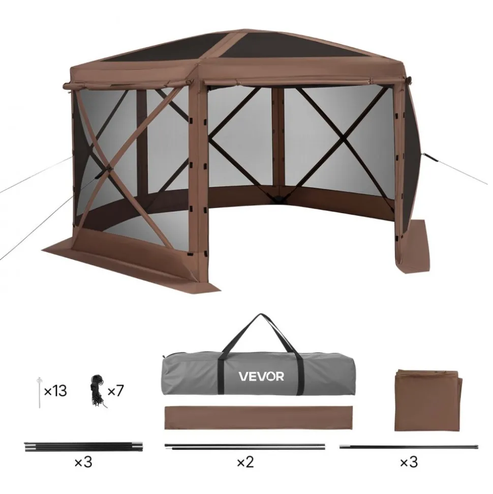 VEVOR Pop up Gazebo Screen Tent, 12 x 12 ft Large 6-Sided Camping Canopy Tent with Removable Top & Carry Bag, Quick-Set & Bite-Proof, Screen House Sun Shelter for 8-10 Persons Backyard Patio, Brown