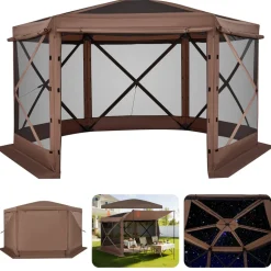 VEVOR Pop up Gazebo Screen Tent, 12 x 12 ft Large 6-Sided Camping Canopy Tent with Removable Top & Carry Bag, Quick-Set & Bite-Proof, Screen House Sun Shelter for 8-10 Persons Backyard Patio, Brown