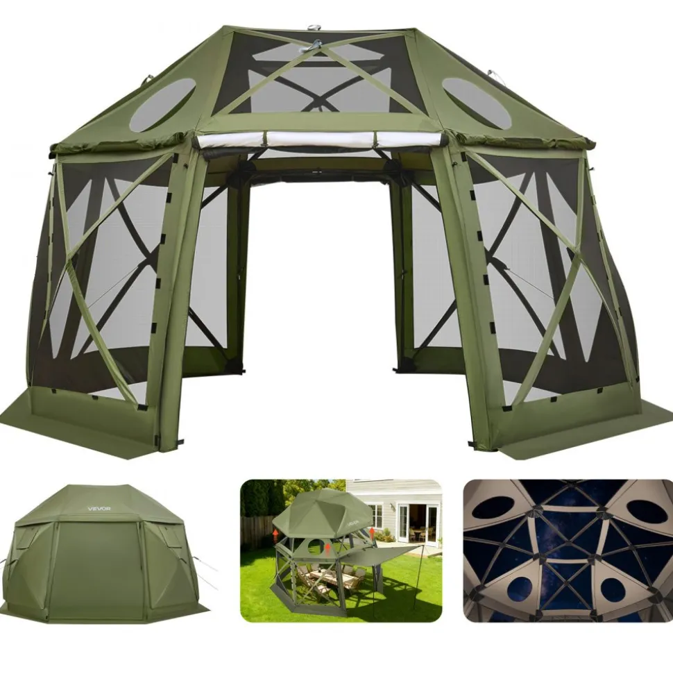 VEVOR Pop up Gazebo Screen Tent, 13 x 13 ft, 13-Sided Spherical Camping Canopy Tent with Removable Top & Carry Bag, Quick-Set & Bite-Proof, Screen House Sun Shelter for 10-12 Persons, Green