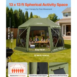 VEVOR Pop up Gazebo Screen Tent, 13 x 13 ft, 13-Sided Spherical Camping Canopy Tent with Removable Top & Carry Bag, Quick-Set & Bite-Proof, Screen House Sun Shelter for 10-12 Persons, Green