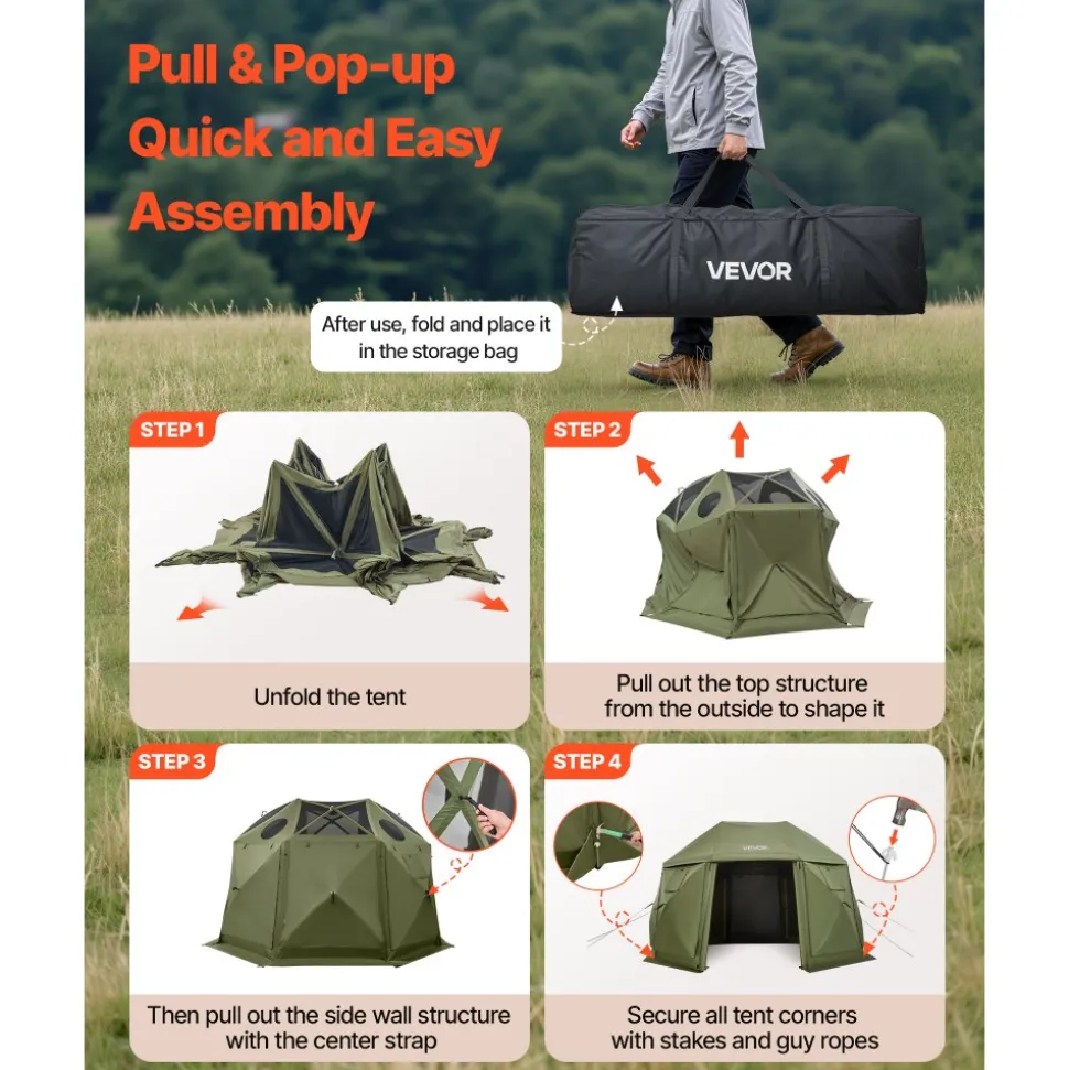 VEVOR Pop up Gazebo Screen Tent, 13 x 13 ft, 13-Sided Spherical Camping Canopy Tent with Removable Top & Carry Bag, Quick-Set & Bite-Proof, Screen House Sun Shelter for 10-12 Persons, Green