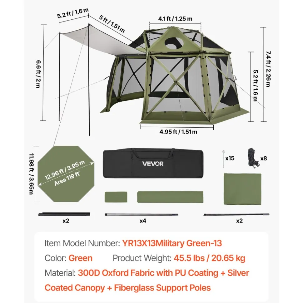 VEVOR Pop up Gazebo Screen Tent, 13 x 13 ft, 13-Sided Spherical Camping Canopy Tent with Removable Top & Carry Bag, Quick-Set & Bite-Proof, Screen House Sun Shelter for 10-12 Persons, Green