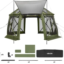 VEVOR Pop up Gazebo Screen Tent, 13 x 13 ft, 13-Sided Spherical Camping Canopy Tent with Removable Top & Carry Bag, Quick-Set & Bite-Proof, Screen House Sun Shelter for 10-12 Persons, Green