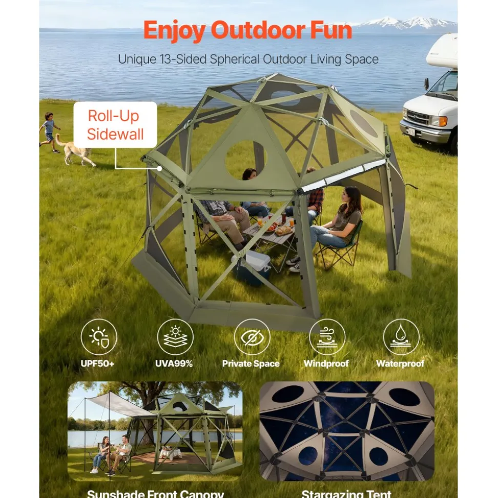 VEVOR Pop up Gazebo Screen Tent, 13 x 13 ft, 13-Sided Spherical Camping Canopy Tent with Removable Top & Carry Bag, Quick-Set & Bite-Proof, Screen House Sun Shelter for 10-12 Persons, Green
