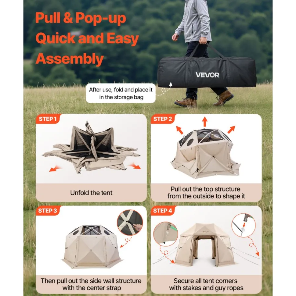 VEVOR Pop up Gazebo Screen Tent, 12 x 12 ft, 13-Sided Spherical Camping Canopy Tent with Removable Top & Carry Bag, Quick-Set & Bite-Proof, Screen House Sun Shelter for 8-10 Persons, Beige