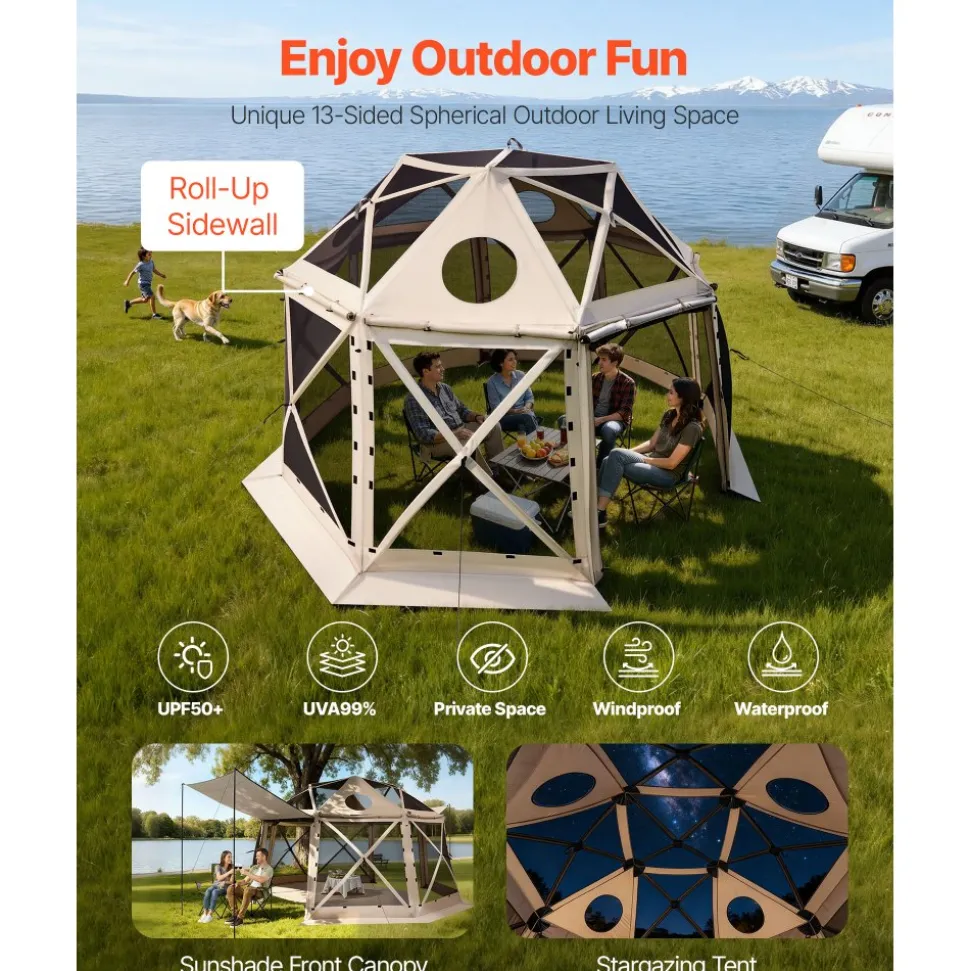 VEVOR Pop up Gazebo Screen Tent, 12 x 12 ft, 13-Sided Spherical Camping Canopy Tent with Removable Top & Carry Bag, Quick-Set & Bite-Proof, Screen House Sun Shelter for 8-10 Persons, Beige