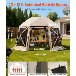 VEVOR Pop up Gazebo Screen Tent, 12 x 12 ft, 13-Sided Spherical Camping Canopy Tent with Removable Top & Carry Bag, Quick-Set & Bite-Proof, Screen House Sun Shelter for 8-10 Persons, Beige