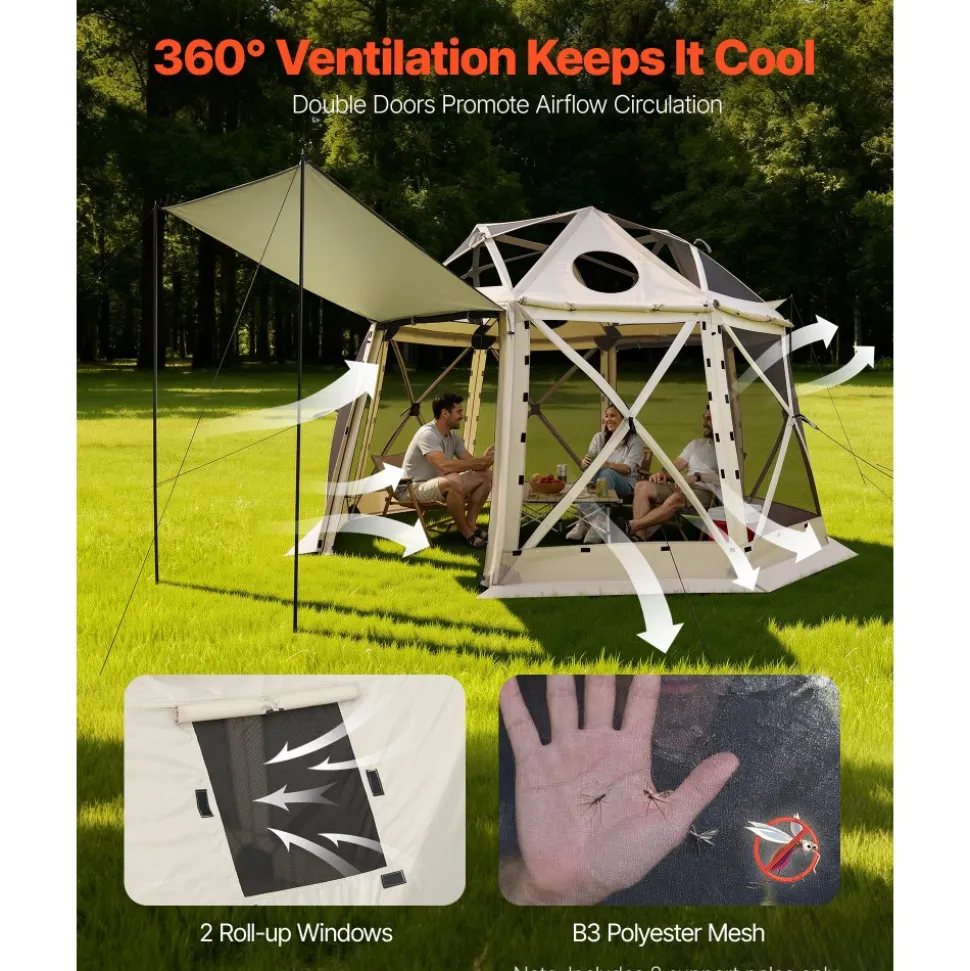 VEVOR Pop up Gazebo Screen Tent, 12 x 12 ft, 13-Sided Spherical Camping Canopy Tent with Removable Top & Carry Bag, Quick-Set & Bite-Proof, Screen House Sun Shelter for 8-10 Persons, Beige