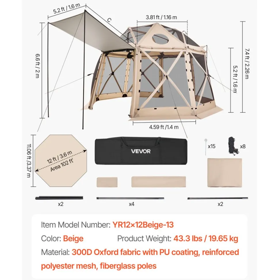 VEVOR Pop up Gazebo Screen Tent, 12 x 12 ft, 13-Sided Spherical Camping Canopy Tent with Removable Top & Carry Bag, Quick-Set & Bite-Proof, Screen House Sun Shelter for 8-10 Persons, Beige