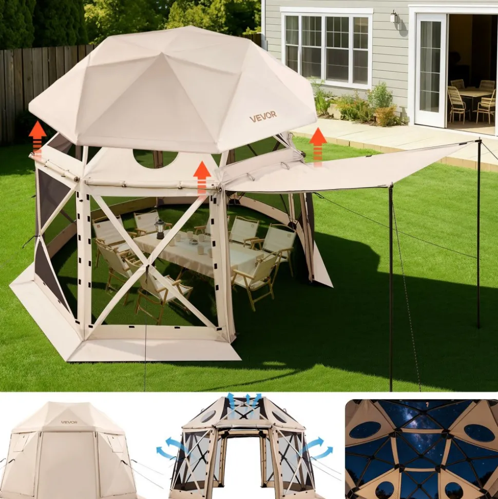 VEVOR Pop up Gazebo Screen Tent, 12 x 12 ft, 13-Sided Spherical Camping Canopy Tent with Removable Top & Carry Bag, Quick-Set & Bite-Proof, Screen House Sun Shelter for 8-10 Persons, Beige