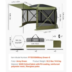 VEVOR Pop up Gazebo Screen Tent, 10 x 10 ft Large 6-Sided Camping Canopy Tent with Removable Top & Carry Bag, Quick-Set & Bite-Proof, Screen House Sun Shelter for 6-8 Persons Backyard Patio, Green