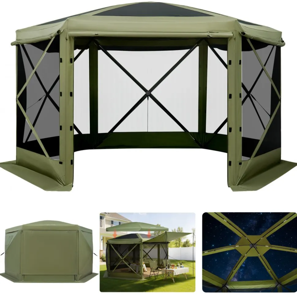 VEVOR Pop up Gazebo Screen Tent, 10 x 10 ft Large 6-Sided Camping Canopy Tent with Removable Top & Carry Bag, Quick-Set & Bite-Proof, Screen House Sun Shelter for 6-8 Persons Backyard Patio, Green