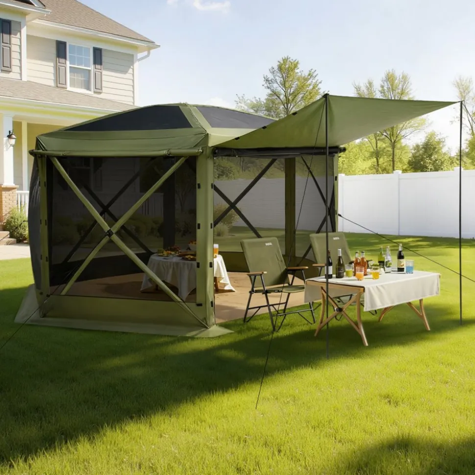 VEVOR Pop up Gazebo Screen Tent, 10 x 10 ft Large 6-Sided Camping Canopy Tent with Removable Top & Carry Bag, Quick-Set & Bite-Proof, Screen House Sun Shelter for 6-8 Persons Backyard Patio, Green