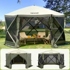VEVOR Pop Up Gazebo Tent, Pop-Up Screen Tent 6 Sided Canopy Sun Shelter with 6 Removable Privacy Wind Cloths & Mesh Windows, 12x12FT Quick Set Screen Tent with Mosquito Netting, Army Green