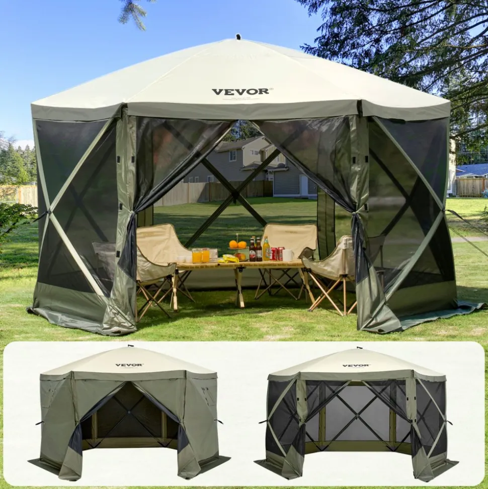 VEVOR Pop Up Gazebo Tent, Pop-Up Screen Tent 6 Sided Canopy Sun Shelter with 6 Removable Privacy Wind Cloths & Mesh Windows, 12x12FT Quick Set Screen Tent with Mosquito Netting, Army Green