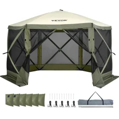 VEVOR Pop Up Gazebo Tent, Pop-Up Screen Tent 6 Sided Canopy Sun Shelter with 6 Removable Privacy Wind Cloths & Mesh Windows, 12x12FT Quick Set Screen Tent with Mosquito Netting, Army Green