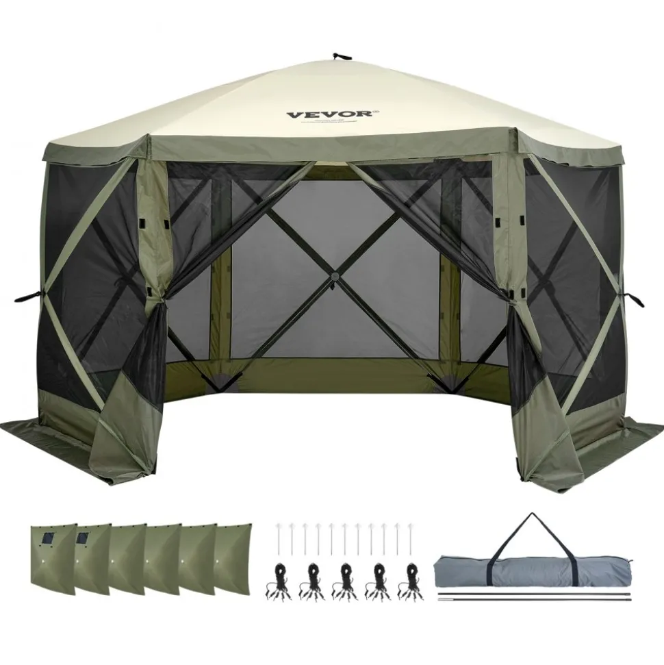 VEVOR Pop Up Gazebo Tent, Pop-Up Screen Tent 6 Sided Canopy Sun Shelter with 6 Removable Privacy Wind Cloths & Mesh Windows, 12x12FT Quick Set Screen Tent with Mosquito Netting, Army Green