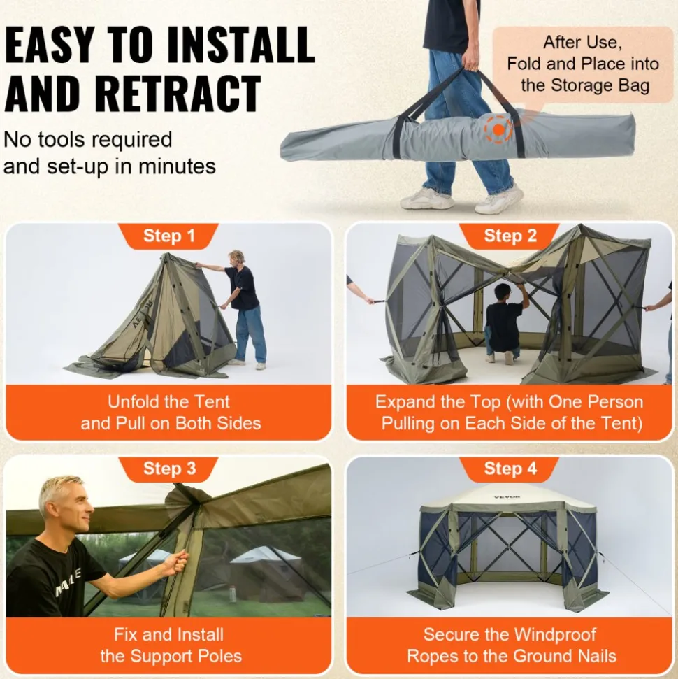 VEVOR Pop Up Gazebo Tent, Pop-Up Screen Tent 6 Sided Canopy Sun Shelter with 6 Removable Privacy Wind Cloths & Mesh Windows, 12x12FT Quick Set Screen Tent with Mosquito Netting, Army Green