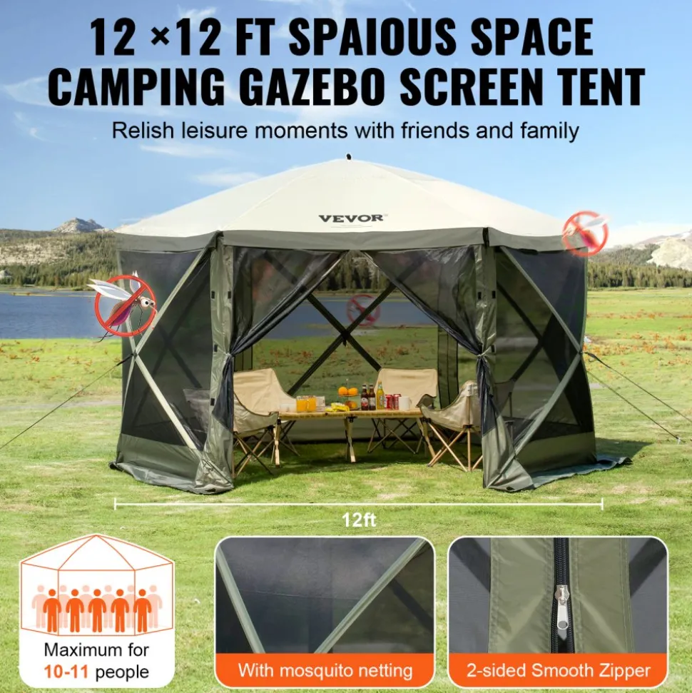 VEVOR Pop Up Gazebo Tent, Pop-Up Screen Tent 6 Sided Canopy Sun Shelter with 6 Removable Privacy Wind Cloths & Mesh Windows, 12x12FT Quick Set Screen Tent with Mosquito Netting, Army Green
