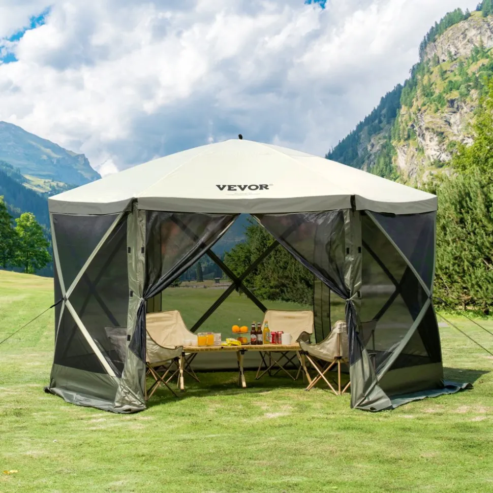 VEVOR Pop Up Gazebo Tent, Pop-Up Screen Tent 6 Sided Canopy Sun Shelter with 6 Removable Privacy Wind Cloths & Mesh Windows, 12x12FT Quick Set Screen Tent with Mosquito Netting, Army Green